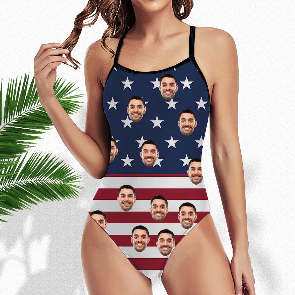 New Back Cutout American Flag Printed Face Custom Swimsuit Independence Day