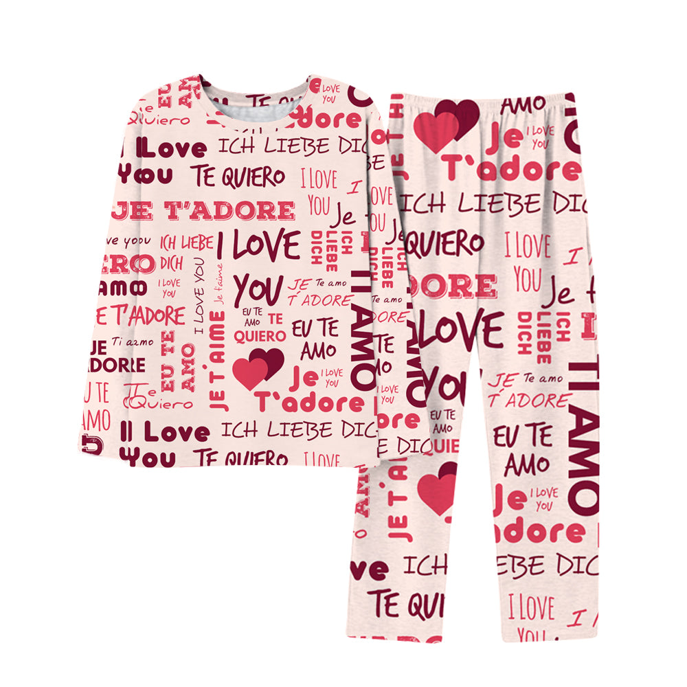 4FunGift® Black and Pink Pajamas Set I Love You in One Hundred Languages Ladies Pajamas