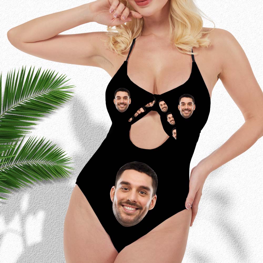 New Custom Face Black Bow Swimsuit