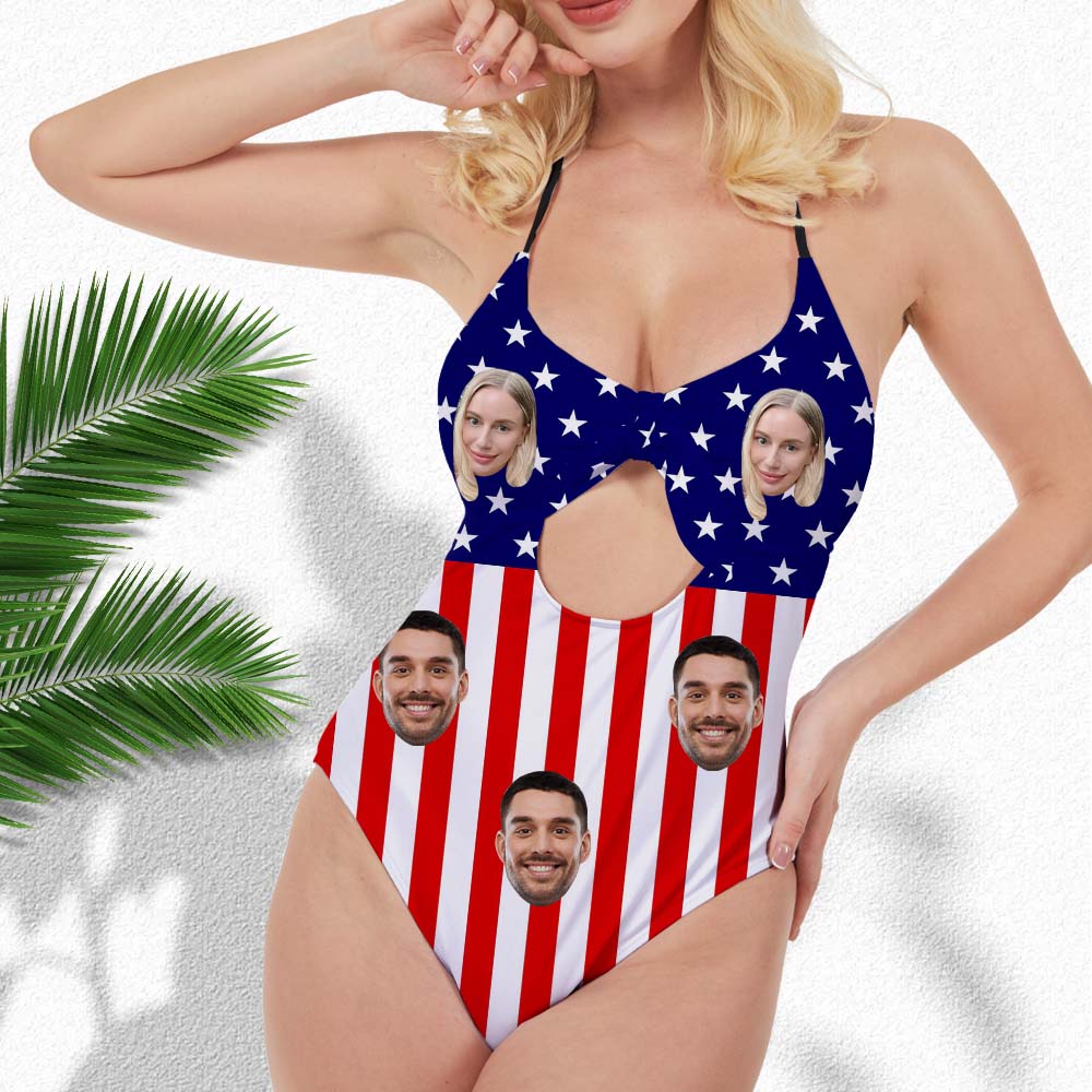 New Custom Face Couple Flag Swimsuit Backless Bow Bathing Suits