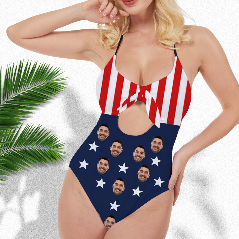 New Custom Flag Backless Bow Face Swimsuit